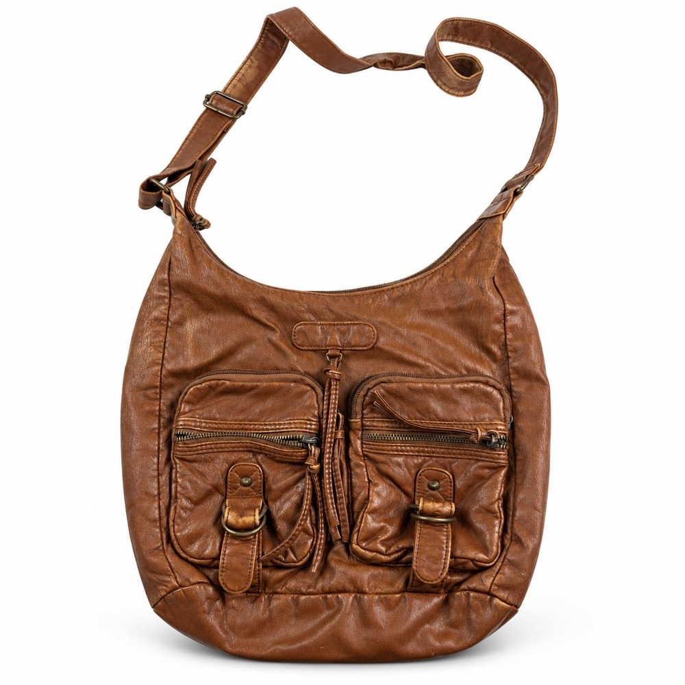 Vintage Y2K Brown Distressed Multi Pocket Boho Slouchy Crossbody Hobo Bag Purse